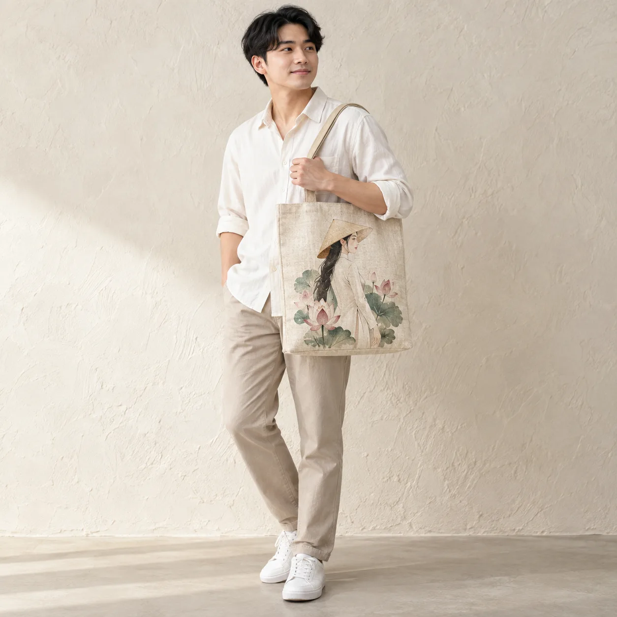 Ảnh thực tế Túi Linen In Họa Tiết Thiếu Nữ Việt tại Tuivaikhongdet.vn