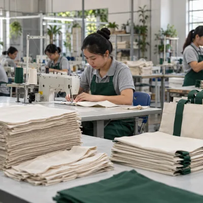 Công nhân may và kiểm tra túi vải trong xưởng sản xuất