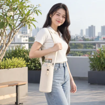 Túi Canvas Đựng Bình Nước – ảnh sản phẩm với người mẫu Việt Nam