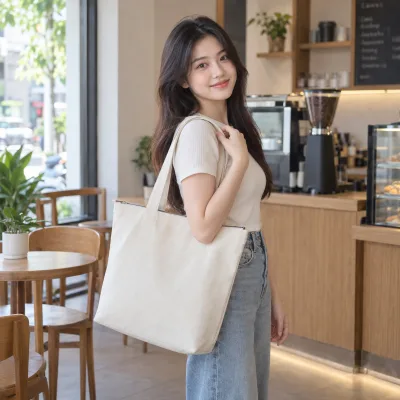 Túi Canvas Miệng Khóa Kéo – ảnh sản phẩm với người mẫu Việt Nam