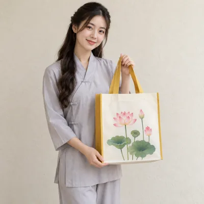 Túi Không Dệt Đựng Quà Phật Giáo – ảnh sản phẩm với người mẫu Việt Nam