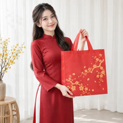 Túi Không Dệt In Nhiệt Đựng Quà Tết – ảnh sản phẩm với người mẫu Việt Nam