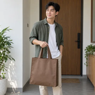 Túi Không Dệt Nâu Theo Yêu Cầu – ảnh sản phẩm với người mẫu Việt Nam
