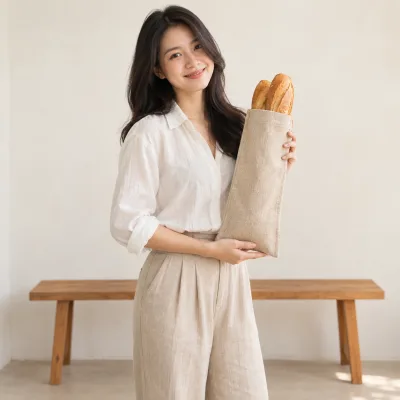 Túi Linen Đựng Bánh Mì Theo Kích Thước – ảnh sản phẩm với người mẫu Việt Nam