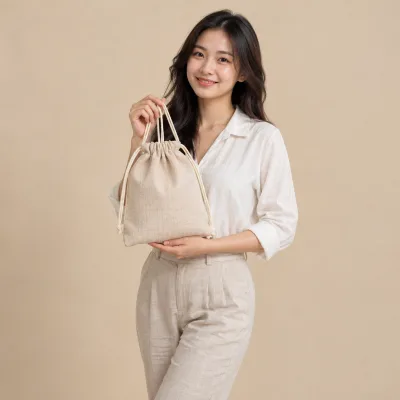 Túi Linen Đựng Bộ Quà Chăm Sóc Răng – ảnh sản phẩm với người mẫu Việt Nam