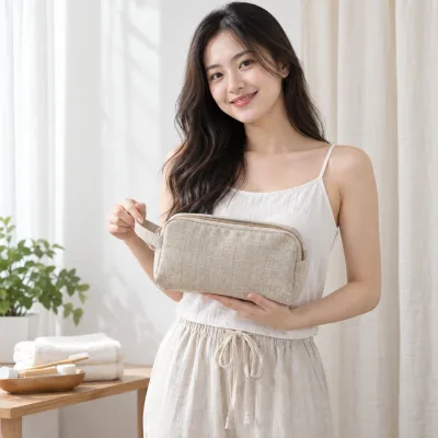 Túi Linen Đựng Bộ Vật Phẩm Chăm Sóc Răng – ảnh sản phẩm với người mẫu Việt Nam