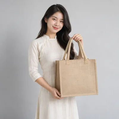 Túi Linen Đựng Hộp Bánh Trung Thu – ảnh sản phẩm với người mẫu Việt Nam