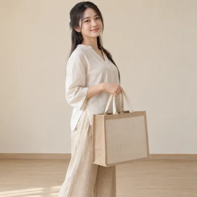 Túi Linen Đựng Hộp Quà Nhà Hàng Chay – ảnh sản phẩm với người mẫu Việt Nam