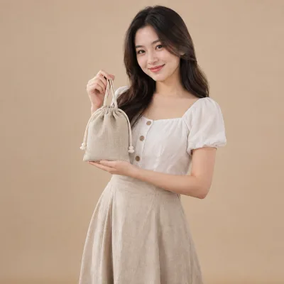 Túi Linen Đựng Hộp Quà Trang Sức – ảnh sản phẩm với người mẫu Việt Nam
