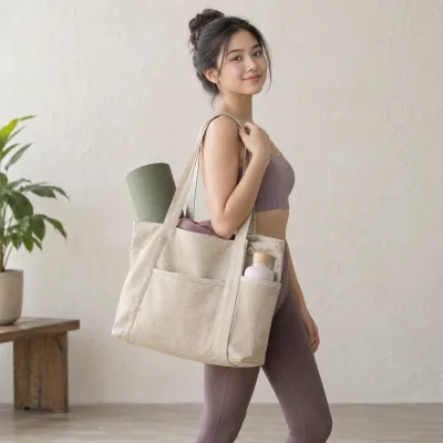 Túi Linen Đựng Phụ Kiện Tập Yoga – ảnh sản phẩm với người mẫu Việt Nam