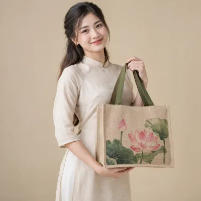 Túi Linen Đựng Quà Tri Ân Vu Lan – ảnh sản phẩm với người mẫu Việt Nam