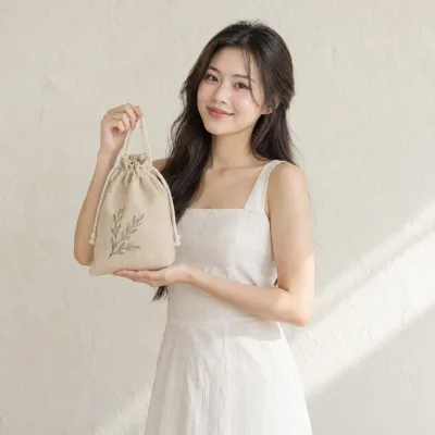 Túi Linen Đựng Sản Phẩm Chăm Sóc Tóc – ảnh sản phẩm với người mẫu Việt Nam