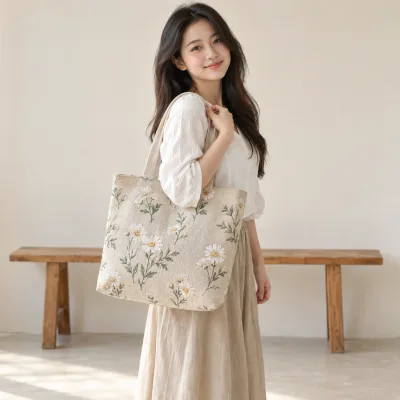 Túi Linen Họa Tiết Hoa Theo Mẫu – ảnh sản phẩm với người mẫu Việt Nam