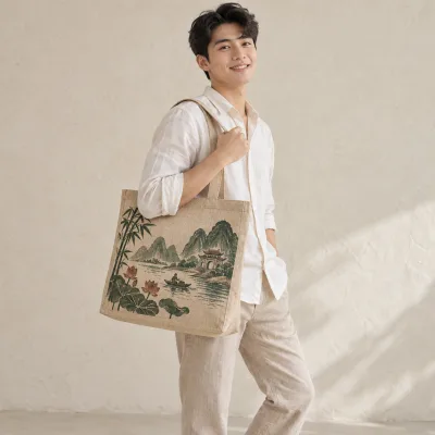 Túi Linen Họa Tiết Văn Hóa Việt – ảnh sản phẩm với người mẫu Việt Nam