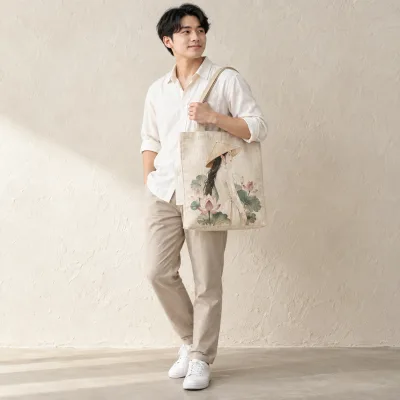 Túi Linen In Họa Tiết Thiếu Nữ Việt – ảnh sản phẩm với người mẫu Việt Nam