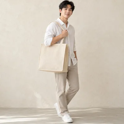 Túi Linen Màu Kem Lót Vải Không Dệt – ảnh sản phẩm với người mẫu Việt Nam