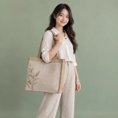 Túi Linen Quà Tặng Doanh Nghiệp May Mặc – ảnh sản phẩm với người mẫu Việt Nam