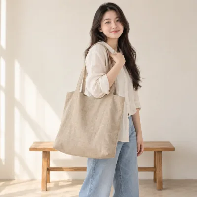 Túi Linen Quai Thả Dáng Mềm – ảnh sản phẩm với người mẫu Việt Nam